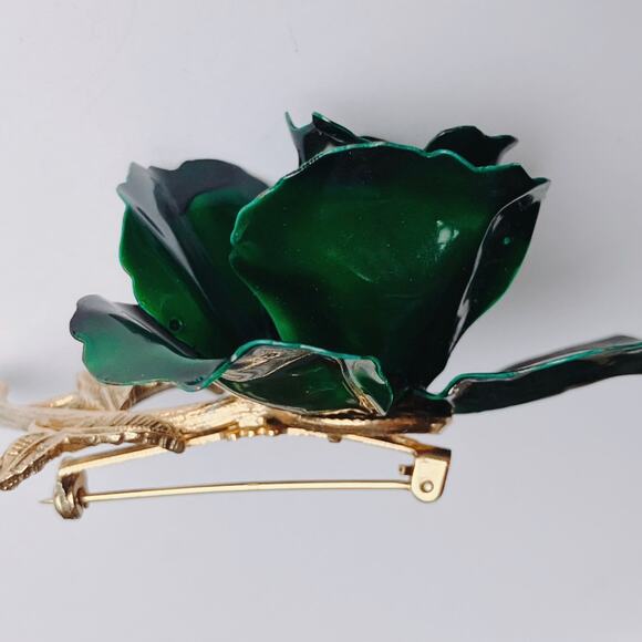 VTG 1960s Brooch Green Enamel Flower AB Rhinestones Gold Tone Mid Century Pin - Picture 12 of 13